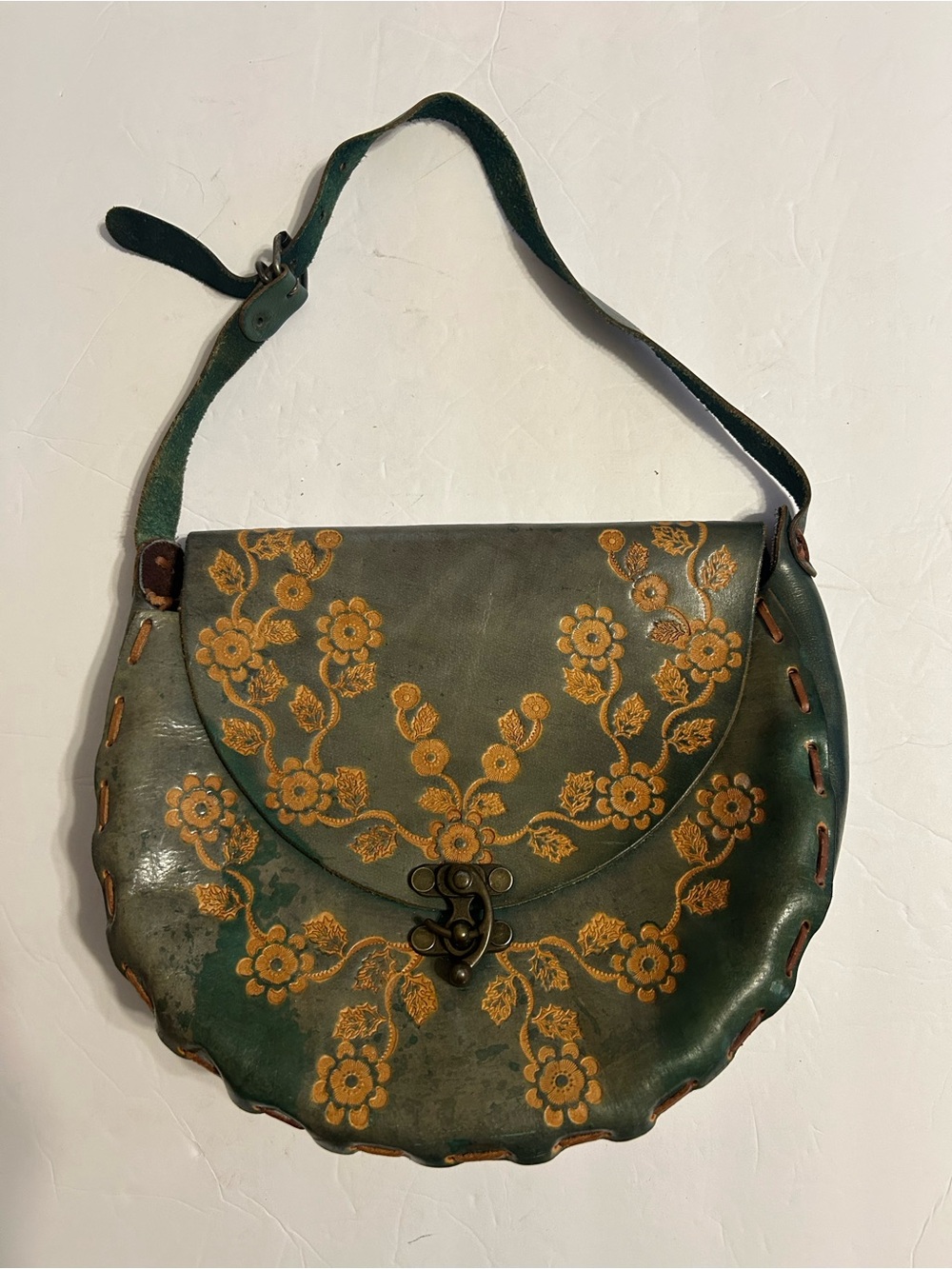 Handcrafted Green Leather Shoulder Bag with Gold Floral Detail